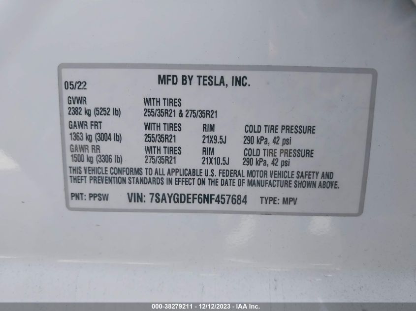 2022 TESLA MODEL Y - 7SAYGDEF6NF457684