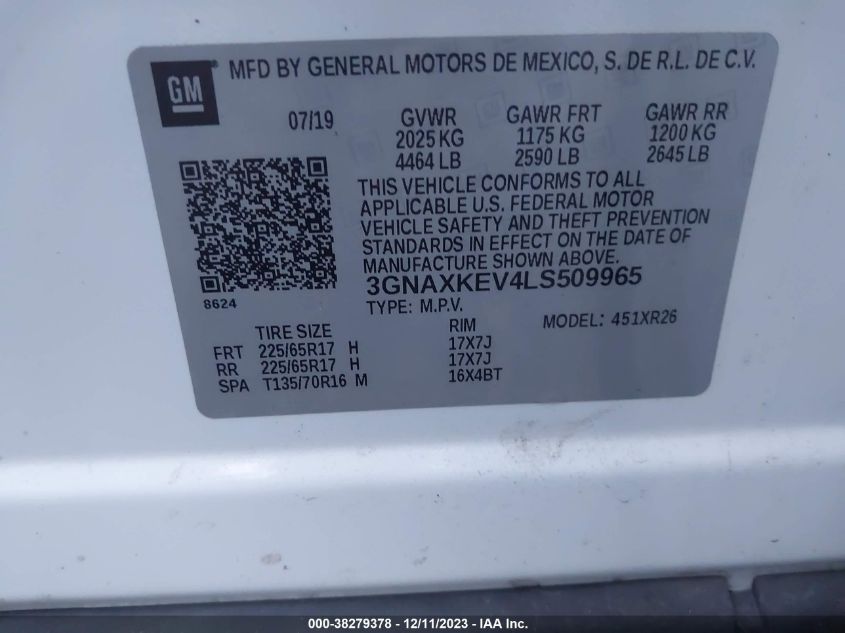 2020 CHEVROLET EQUINOX FWD LT 1.5L TURBO - 3GNAXKEV4LS509965