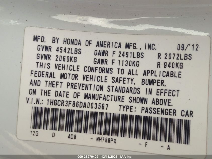 2013 HONDA ACCORD EX-L V-6 - 1HGCR3F86DA003567