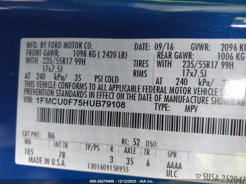 2017 FORD ESCAPE S - 1FMCU0F75HUB79108