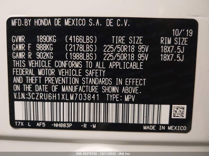 VIN 3CZRU6H1XLM703841 2020 HONDA HR-V SPORT