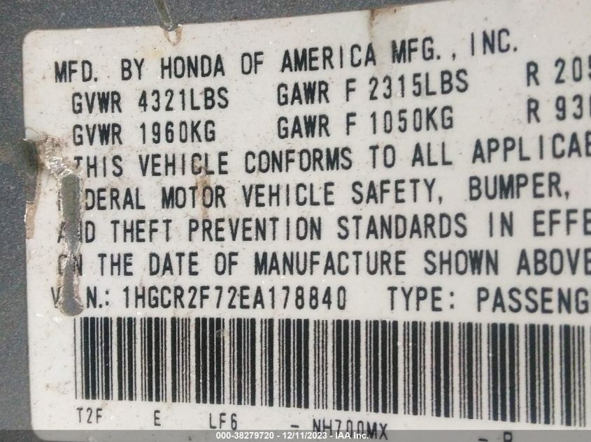 2014 HONDA ACCORD EX - 1HGCR2F72EA178840