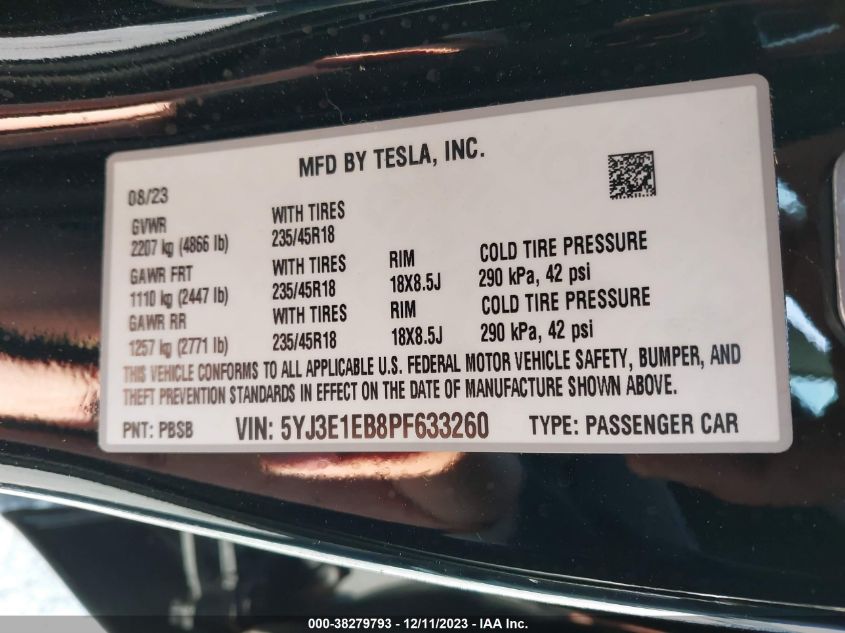 2023 TESLA MODEL 3 - 5YJ3E1EB8PF633260