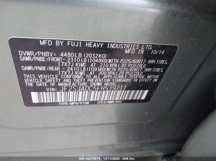 2015 SUBARU FORESTER 2.5I PREMIUM - JF2SJADC5FH538530