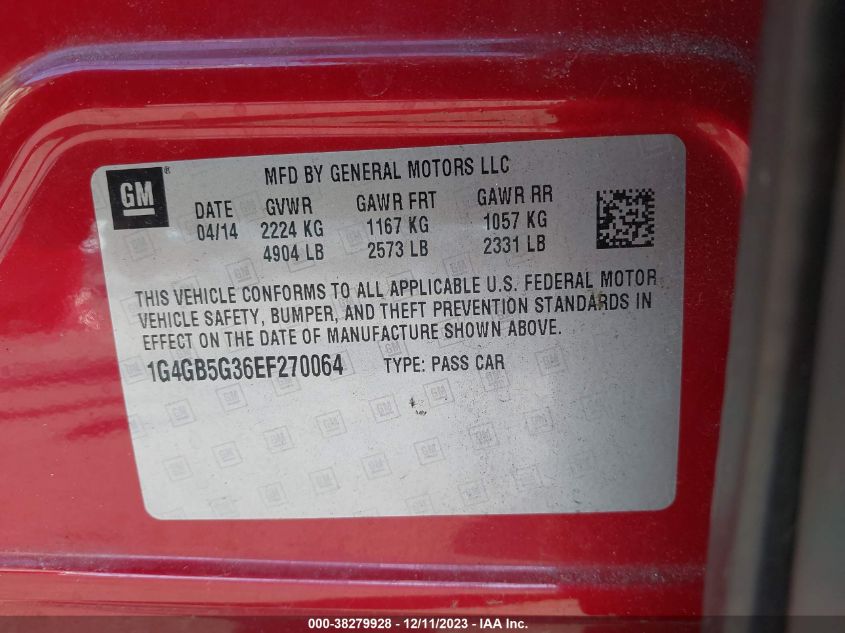 2014 BUICK LACROSSE LEATHER - 1G4GB5G36EF270064