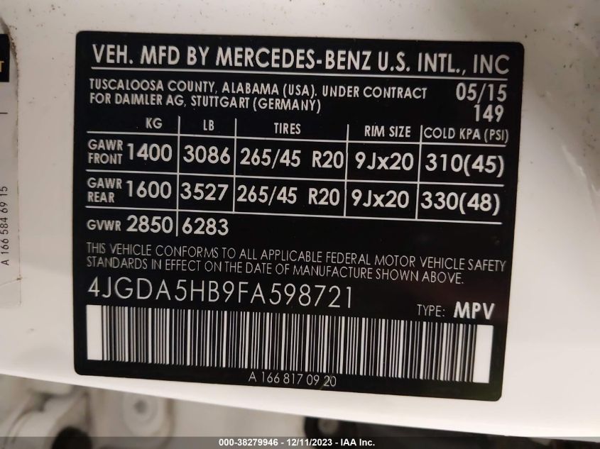 2015 MERCEDES-BENZ ML 350 4MATIC 4JGDA5HB9FA598721