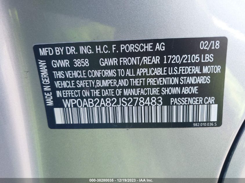 2018 PORSCHE 718 CAYMAN GTS WP0AB2A82JS278483