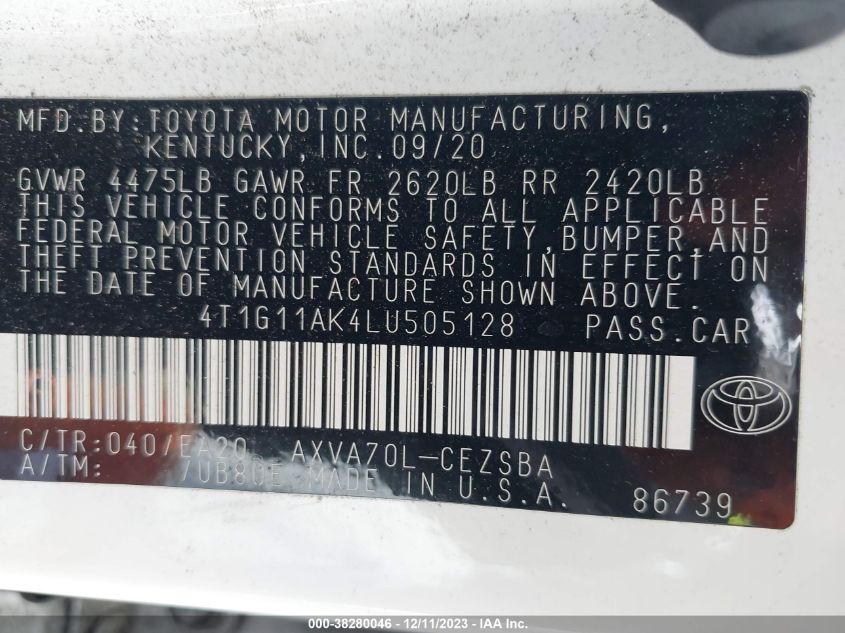 2020 TOYOTA CAMRY SE/SE NIGHT SHADE - 4T1G11AK4LU505128