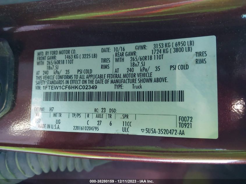 2017 FORD F-150 XLT - 1FTEW1CF6HKC02349