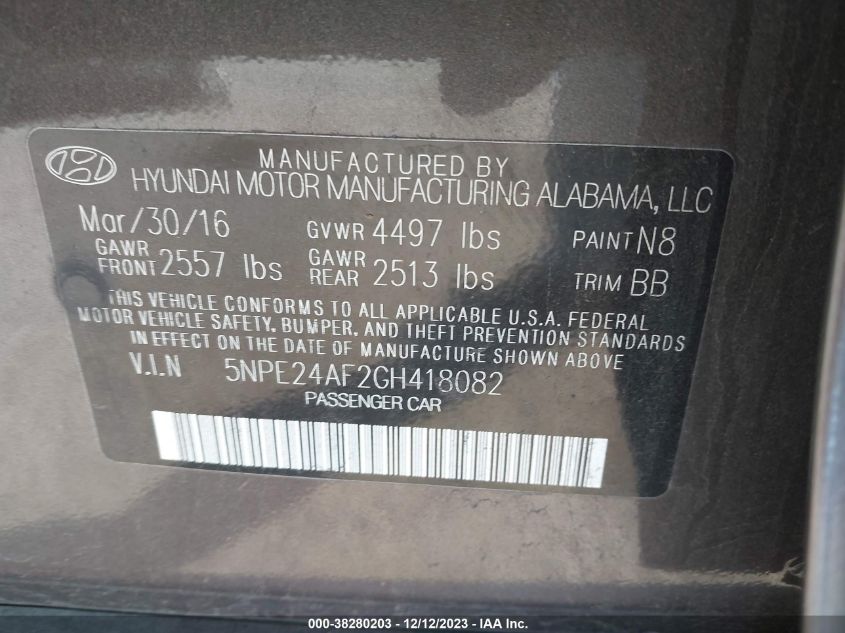 2016 HYUNDAI SONATA 2.4L - 5NPE24AF2GH418082