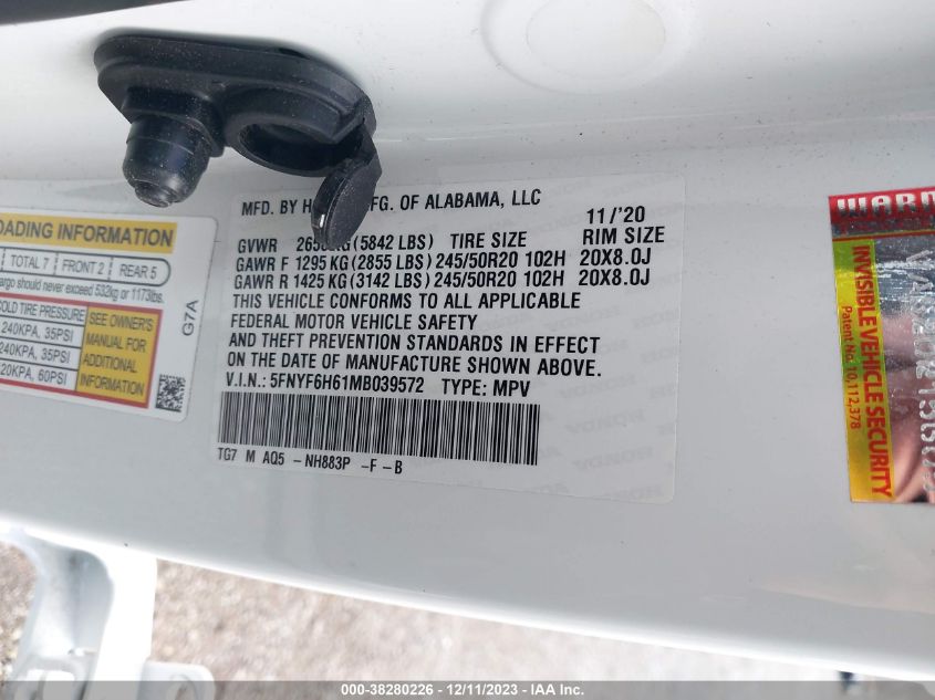2021 HONDA PILOT TOURING - 5FNYF6H61MB039572