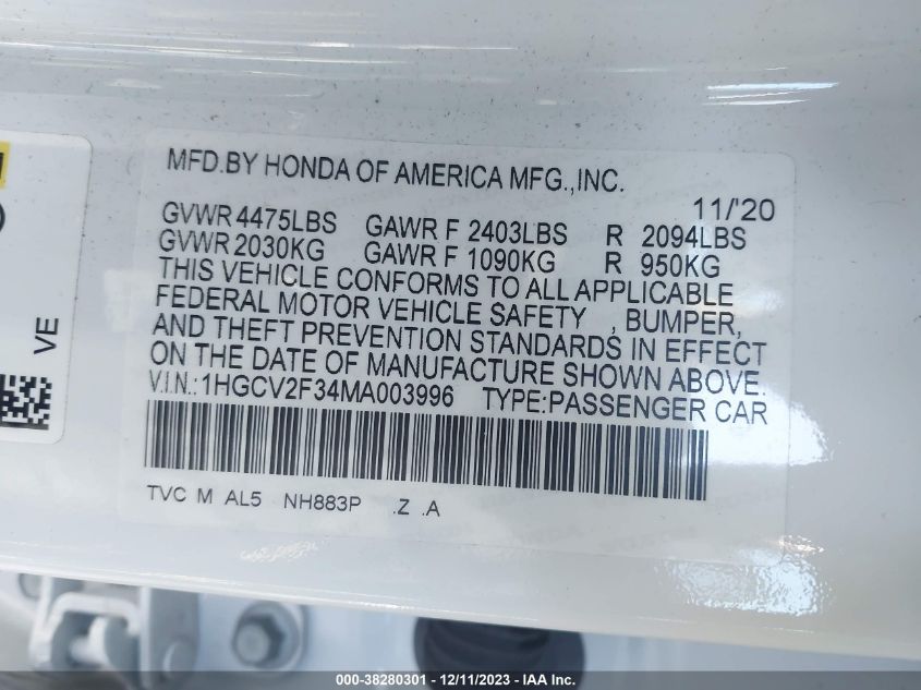 2021 HONDA ACCORD SPORT - 1HGCV2F34MA003996