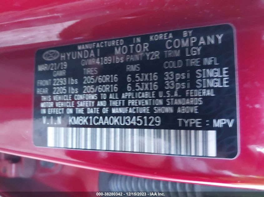 2019 HYUNDAI KONA SE - KM8K1CAA0KU345129