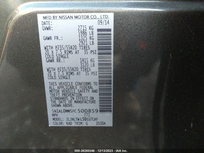 2015 INFINITI QX60 - 5N1AL0MM5FL500859