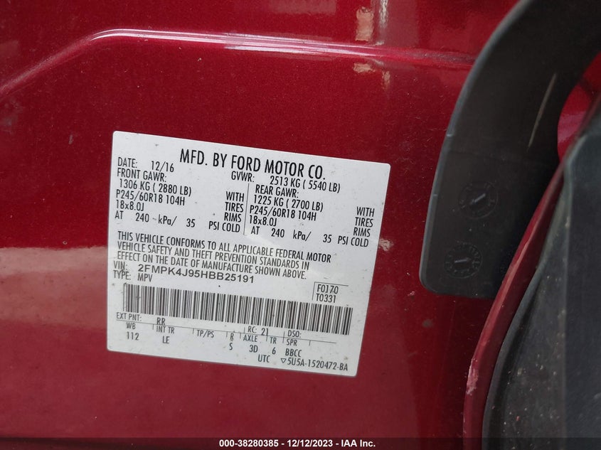 VIN 2FMPK4J95HBB25191 2017 FORD EDGE SEL