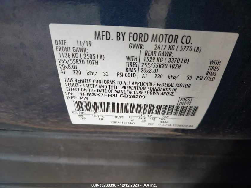 2020 FORD EXPLORER LIMITED - 1FMSK7FH8LGB35209