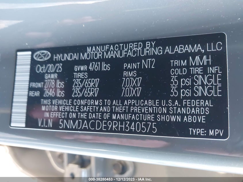 2024 HYUNDAI TUCSON 2.5L I4   N(VIN: 5NMJACDE9RH340575