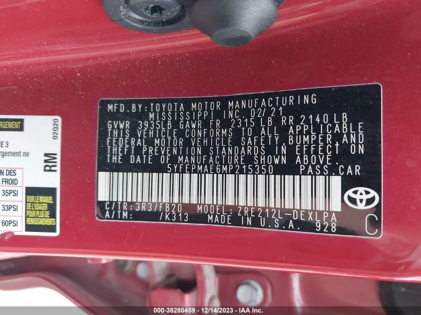 2021 TOYOTA COROLLA LE - 5YFEPMAE6MP215350