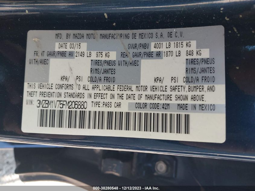 2015 MAZDA 3 TOURING 3MZBM1V75FM206880