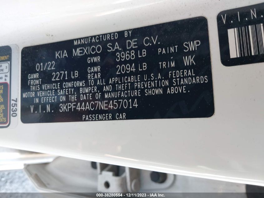 VIN 3KPF44AC7NE457014 2022 KIA FORTE GT