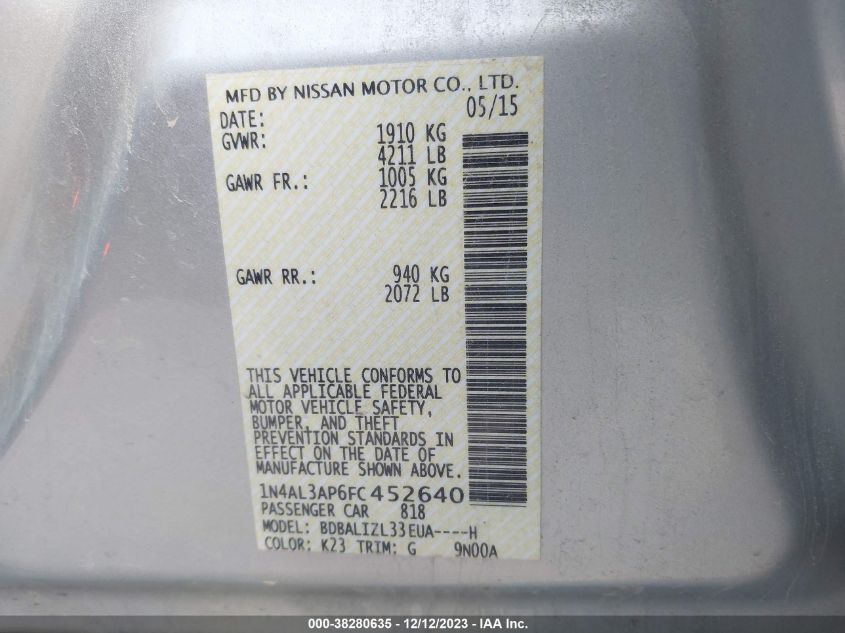 2015 NISSAN ALTIMA 2.5 SV - 1N4AL3AP6FC452640