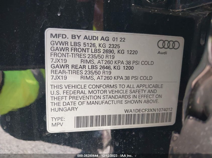 2022 AUDI Q3 2.0L I4   N(VIN: WA1DECF3XN1074012