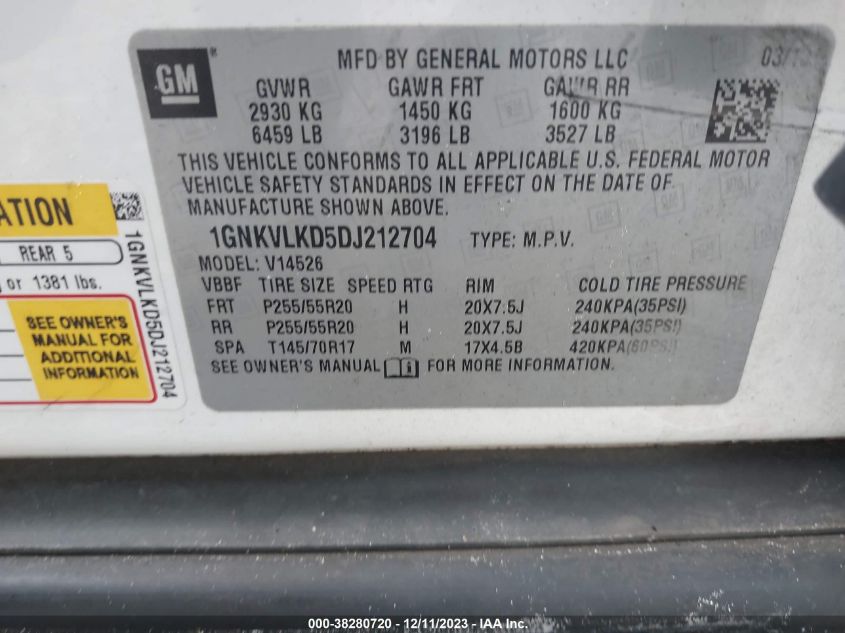 2013 CHEVROLET TRAVERSE LTZ - 1GNKVLKD5DJ212704