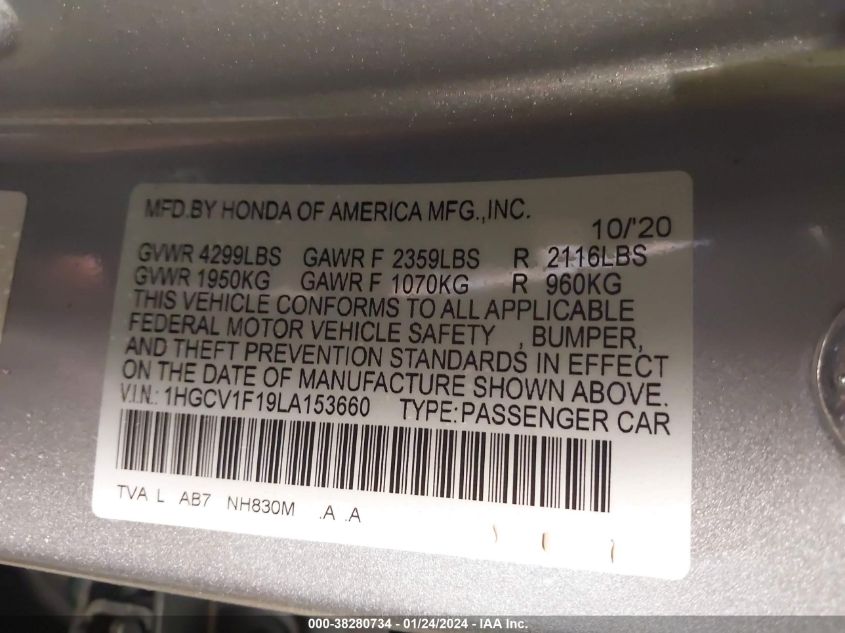 2020 HONDA ACCORD LX - 1HGCV1F19LA153660