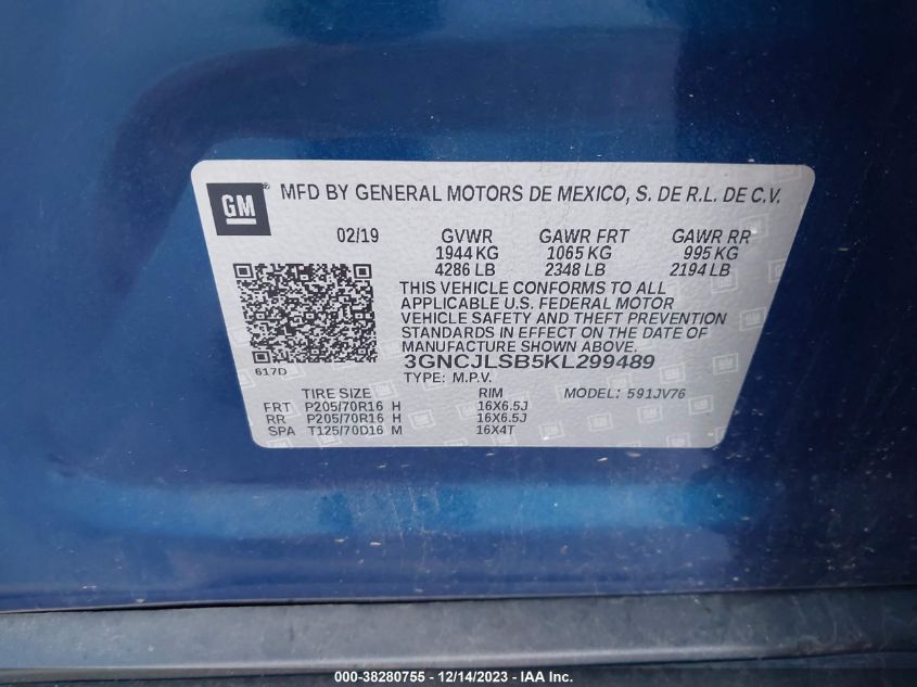 2019 CHEVROLET TRAX LT - 3GNCJLSB5KL299489