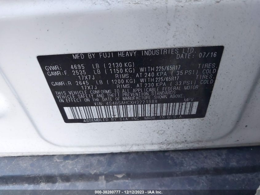 2017 SUBARU OUTBACK PREMIUM - 4S4BSAHCXH3221988