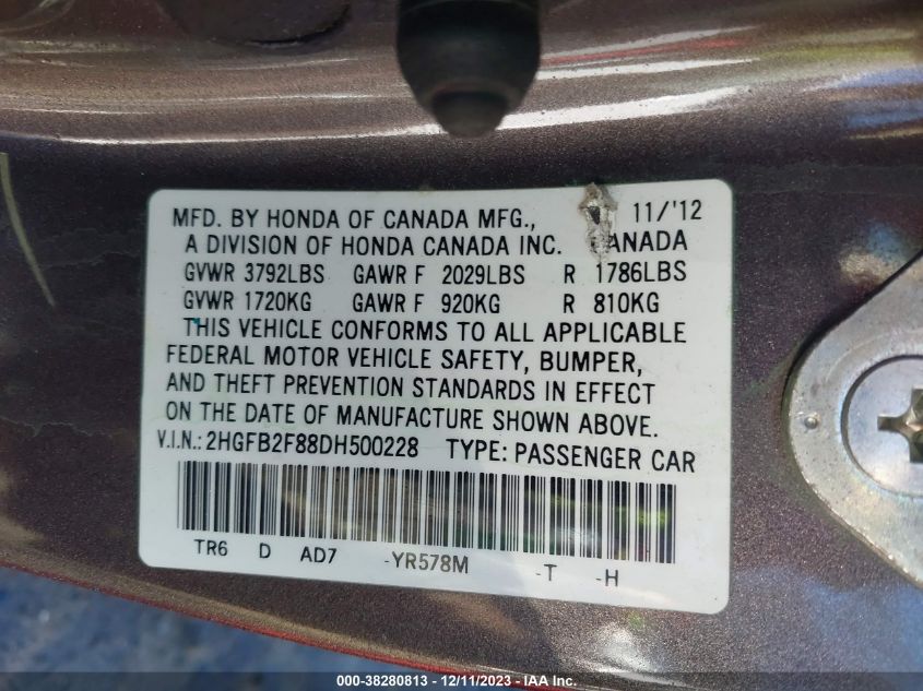 2013 HONDA CIVIC SDN EX 2HGFB2F88DH500228