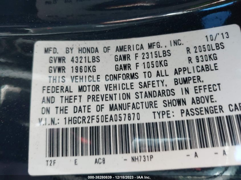 2014 HONDA ACCORD SPORT - 1HGCR2F50EA057870