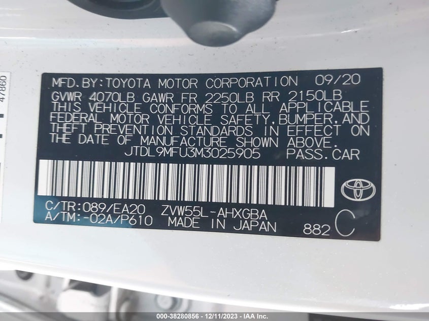 2021 TOYOTA PRIUS 1.8L I-4 DOHC, VVT, (VIN: JTDL9MFU3M3025905