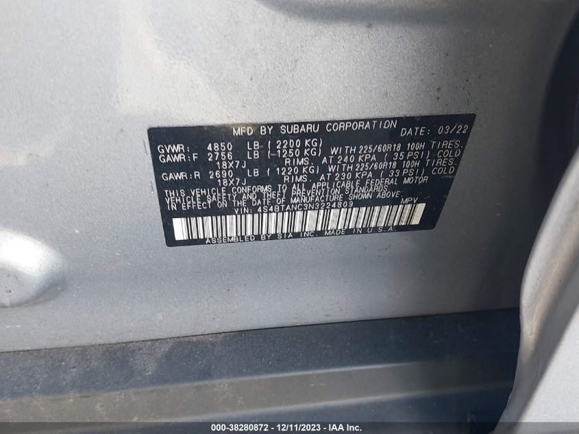 VIN 4S4BTANC3N3224809 2022 SUBARU OUTBACK LIMITED