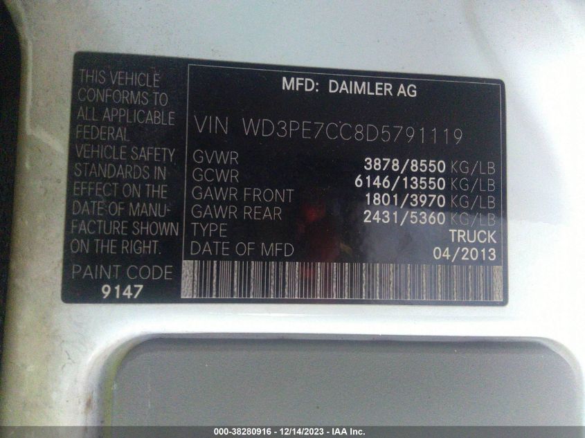 2013 MERCEDES-BENZ SPRINTER 2500 NORMAL ROOF - WD3PE7CC8D5791119