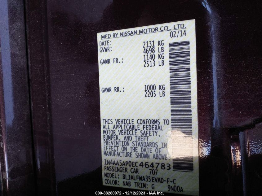 2014 NISSAN MAXIMA S/SV - 1N4AA5AP0EC464783