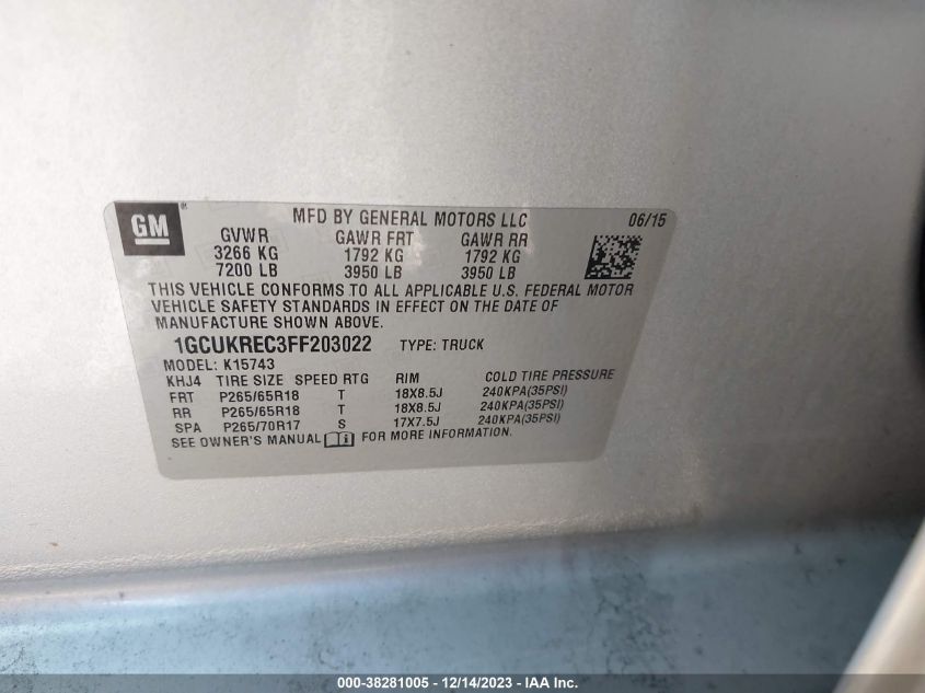 2015 CHEVROLET SILVERADO 1500 LT - 1GCUKREC3FF203022