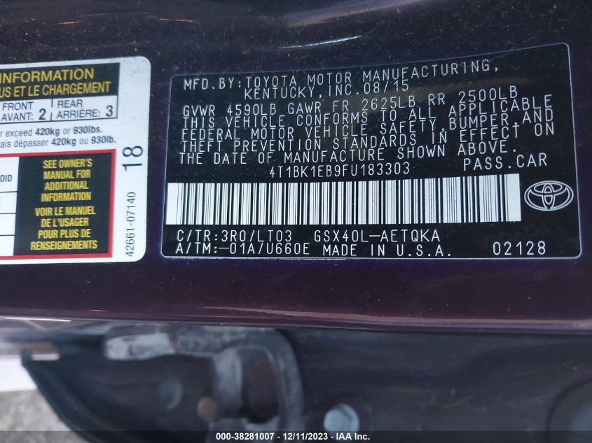 2015 TOYOTA AVALON XLE TOURING - 4T1BK1EB9FU183303