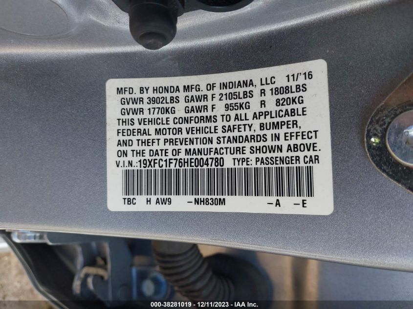 2017 HONDA CIVIC EXL - 19XFC1F76HE004780