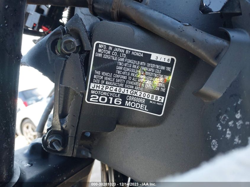 2016 HONDA CBR JH2PC4OJ1GK200882