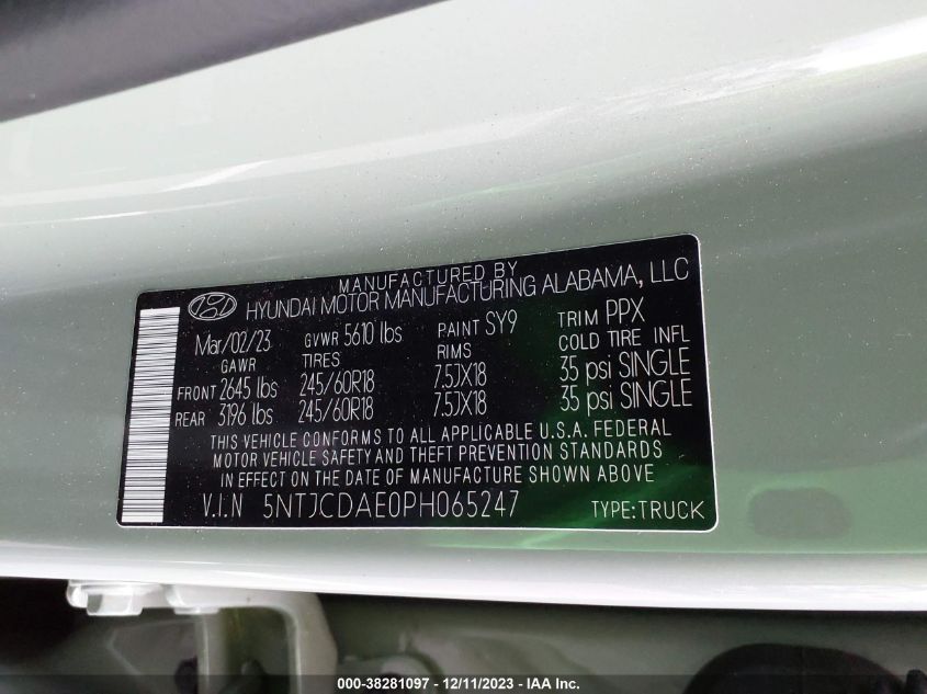2023 HYUNDAI SANTA CRUZ SEL 5NTJCDAE0PH065247