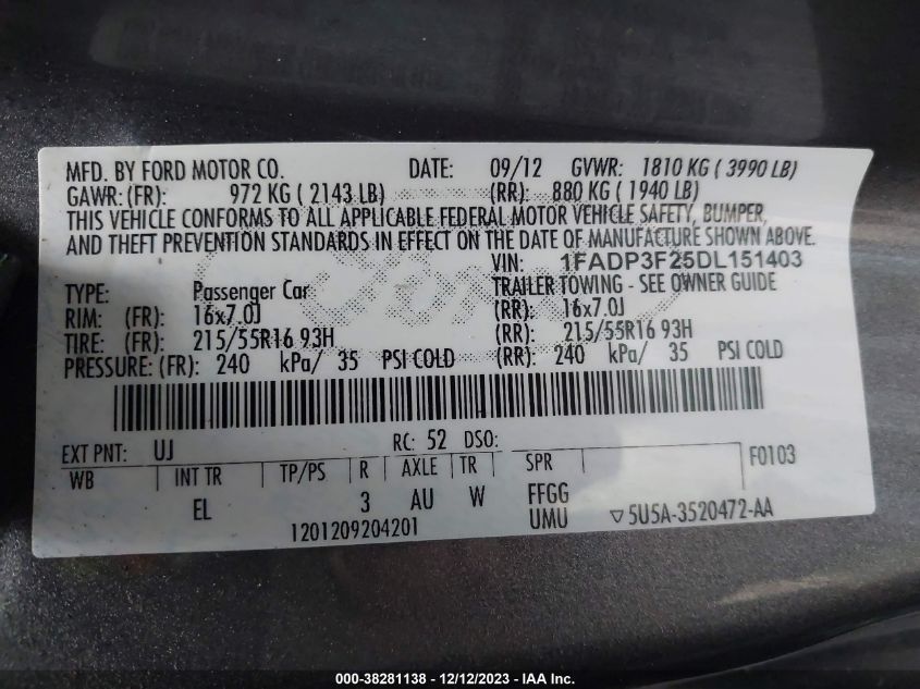 2013 FORD FOCUS SE - 1FADP3F25DL151403