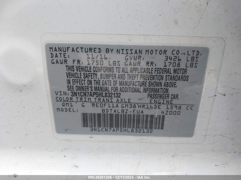2017 NISSAN VERSA 1.6 SV - 3N1CN7AP5HL832132