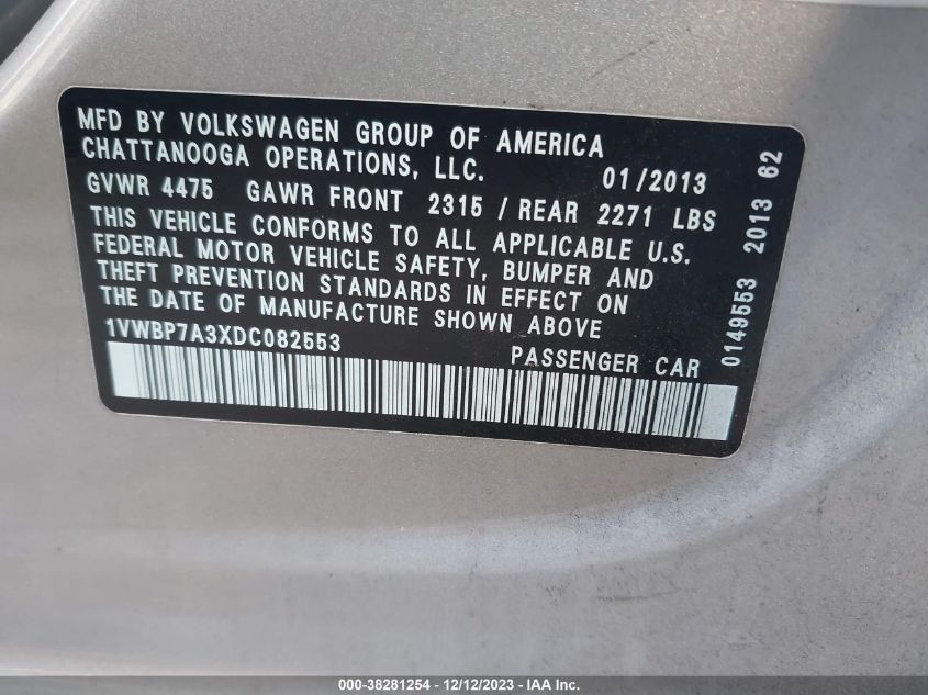 2013 VOLKSWAGEN PASSAT SE - 1VWBP7A3XDC082553