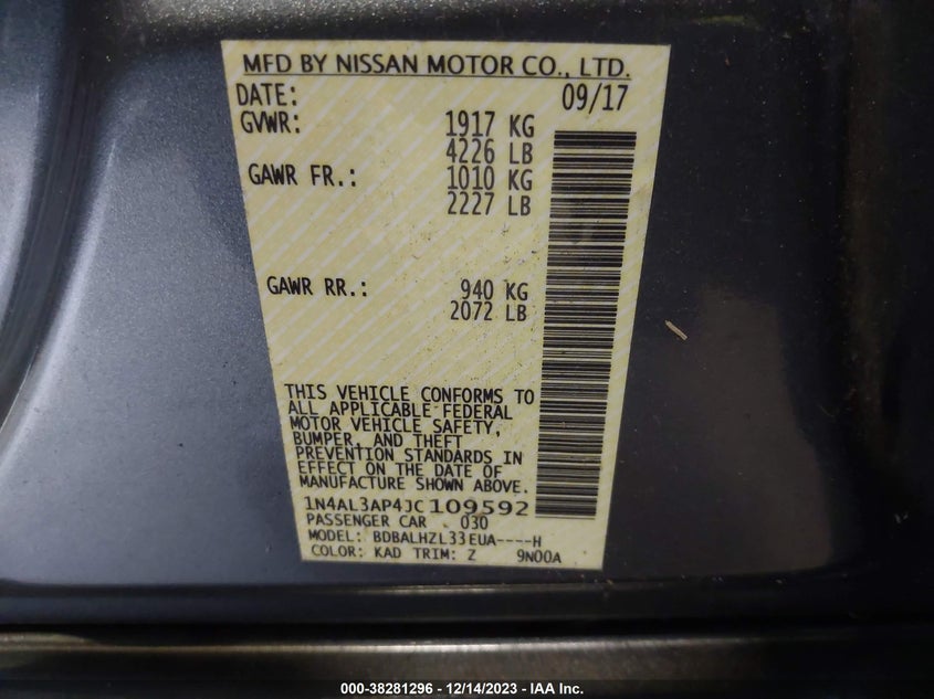 VIN 1N4AL3AP4JC109592 2018 NISSAN ALTIMA 2.5 SR