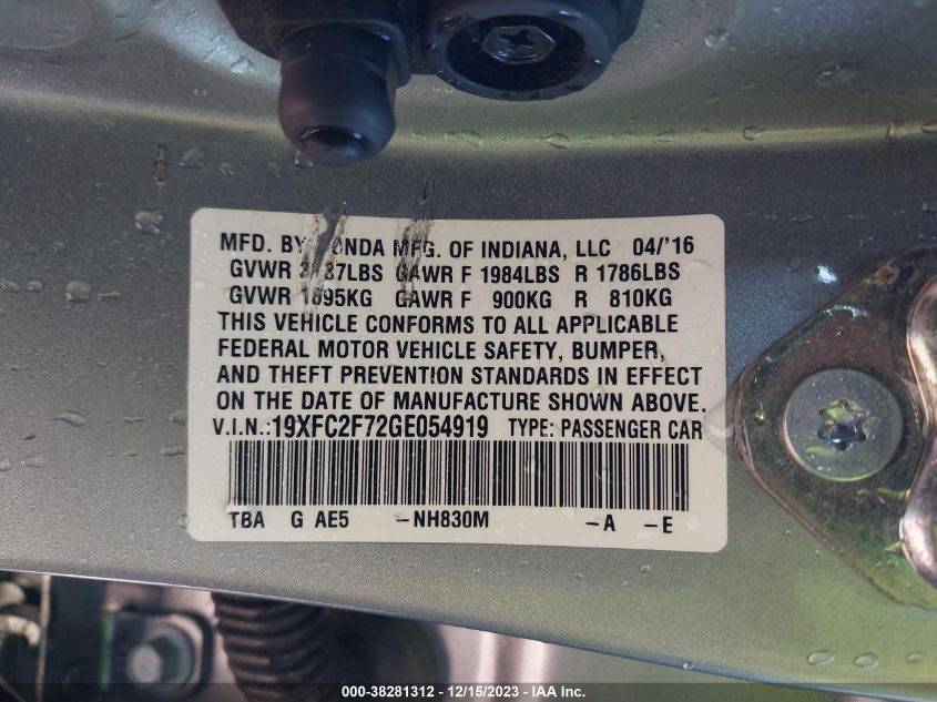 2016 HONDA CIVIC EX - 19XFC2F72GE054919