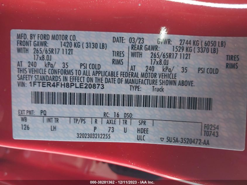 VIN 1FTER4FH8PLE20873 2023 FORD RANGER XL/XLT/LARIAT