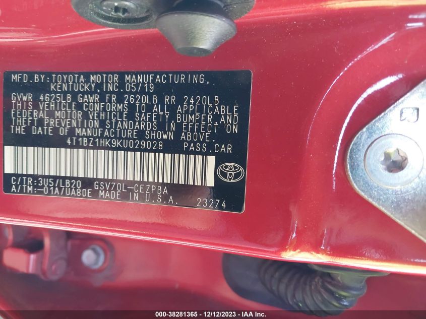 2019 TOYOTA CAMRY XSE V6 - 4T1BZ1HK9KU029028