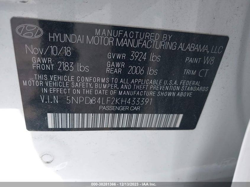 VIN 5NPD84LF2KH433391 2019 HYUNDAI ELANTRA SEL/VALUE/LIMITED