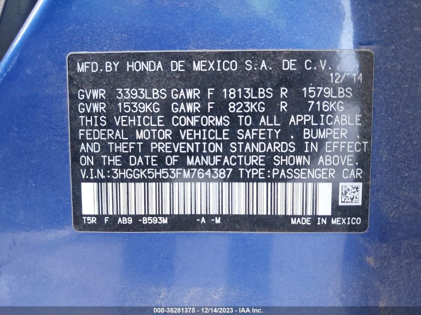 2015 HONDA FIT LX - 3HGGK5H53FM764387
